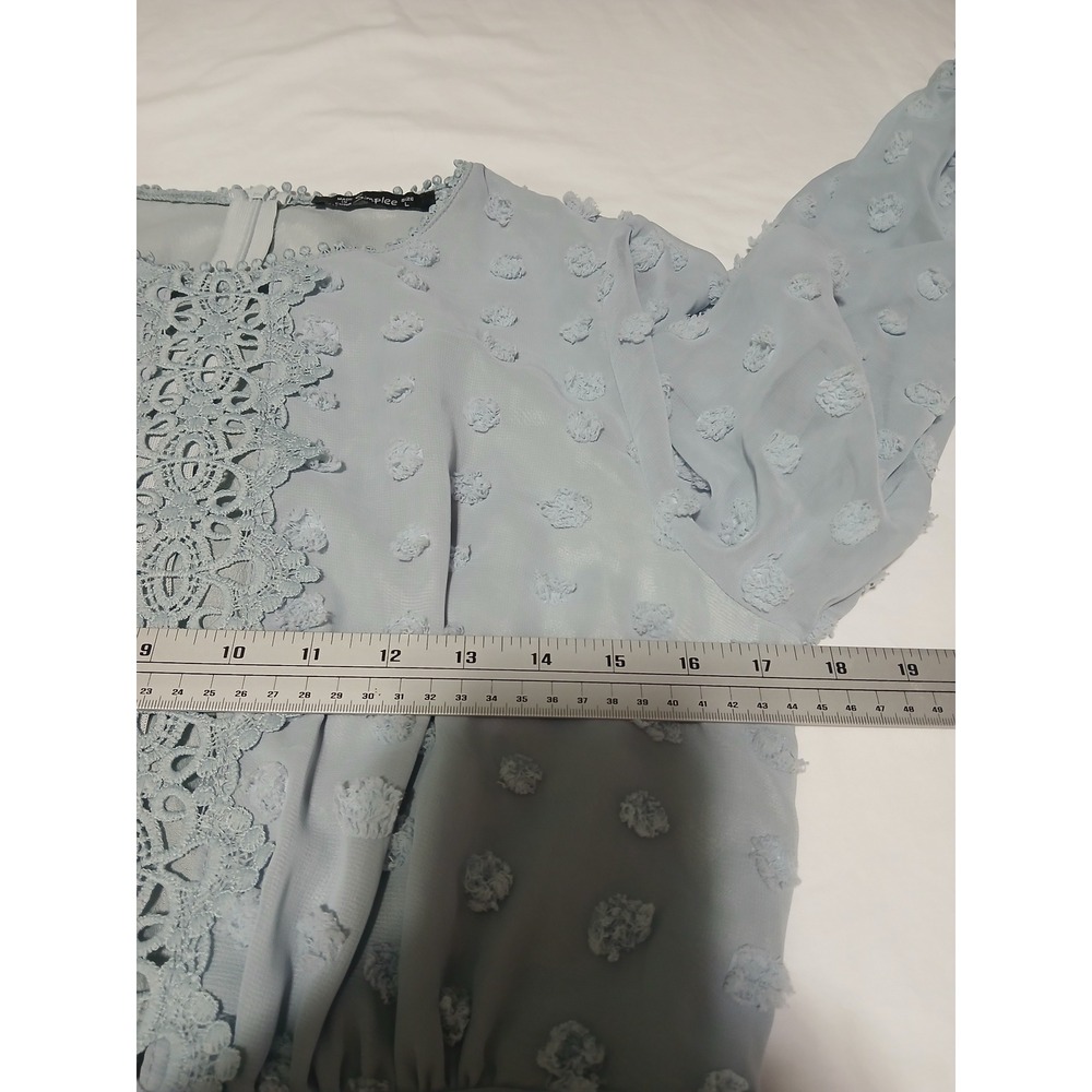 Simplee Light Blue Swiss Dot Crochet Lace Mini Dress Long Sleeve Size L - Picture 6 of 9